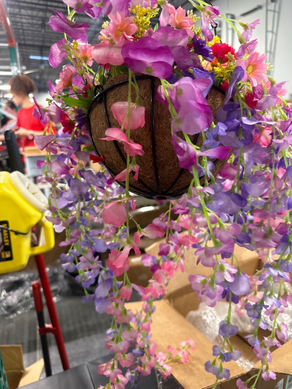 Photo 1 of Artificial Flowers Hanging Basket, Fake Hanging Plant Silk Wisteria Hanging Flower, Faux Flower Arrangement for Outdoor Indoor Garden Yard Pouch Patio Indoor Home Decoration