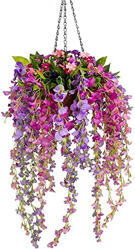 Photo 1 of Artificial Flowers Hanging Basket, Fake Hanging Plant Silk Wisteria Hanging Flower, Faux Flower Arrangement for Outdoor Indoor Garden Yard Pouch Patio Indoor Home Decoration
