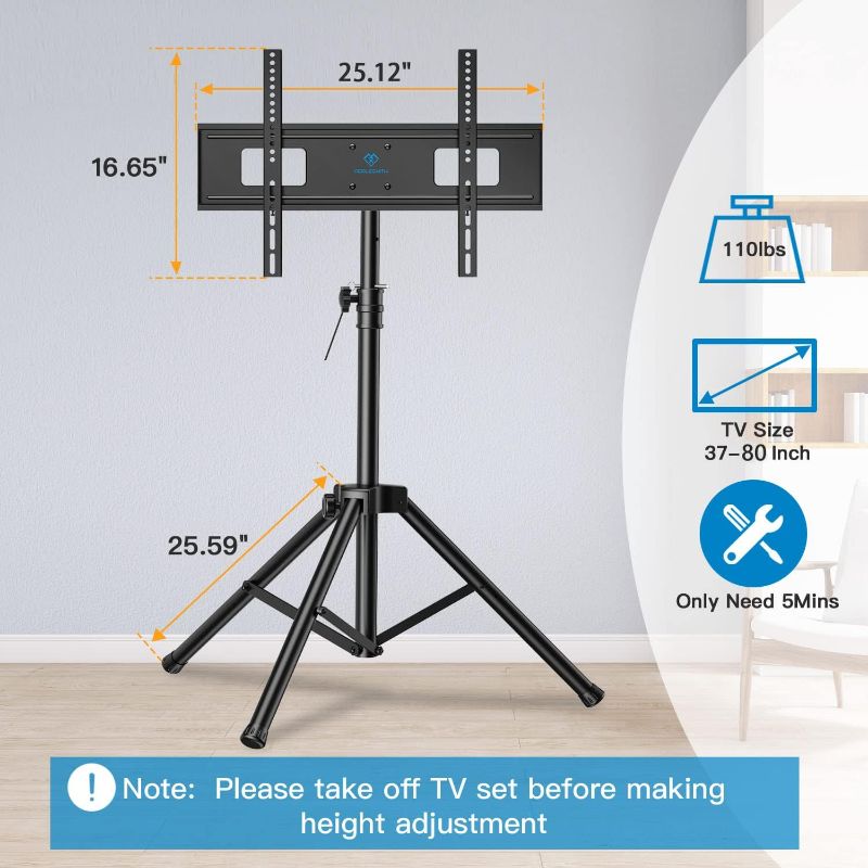 Photo 1 of Portable TV Stand Tripod TV Stand for 23-75 Inch LED LCD OLED for Flat Screens, Outdoor TV Stand with Mount, Height Adjustable, Hold up to 100 lbs, Max VESA 600x400m, Black TV Stand