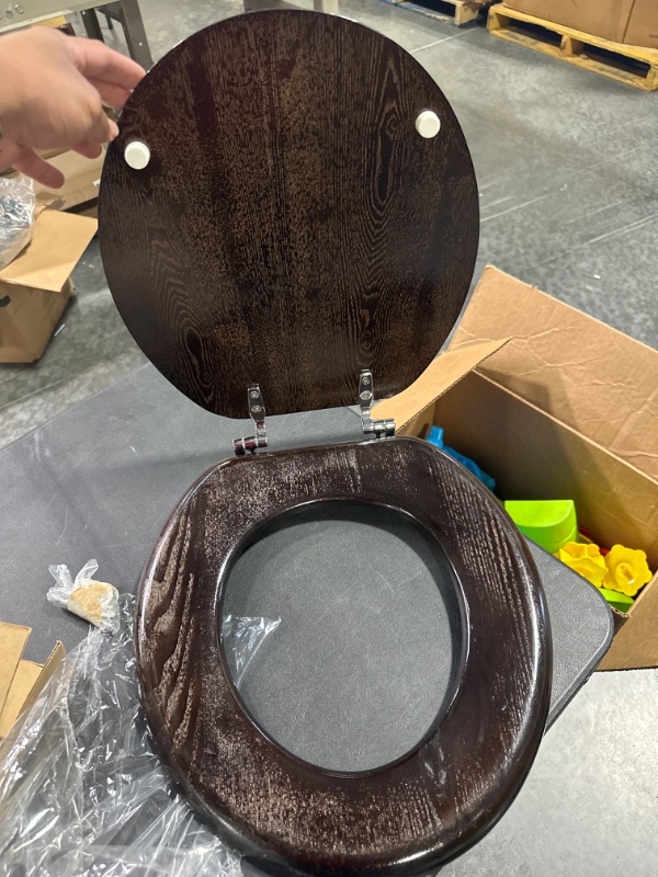 Photo 4 of Black Brown Wood Round Toilet Seat with Metal Hinge, Dark Wooden Toilet Seat Round for American Standard Size Toilets, Easy to Install, Dark Matte Finish Dark Brown