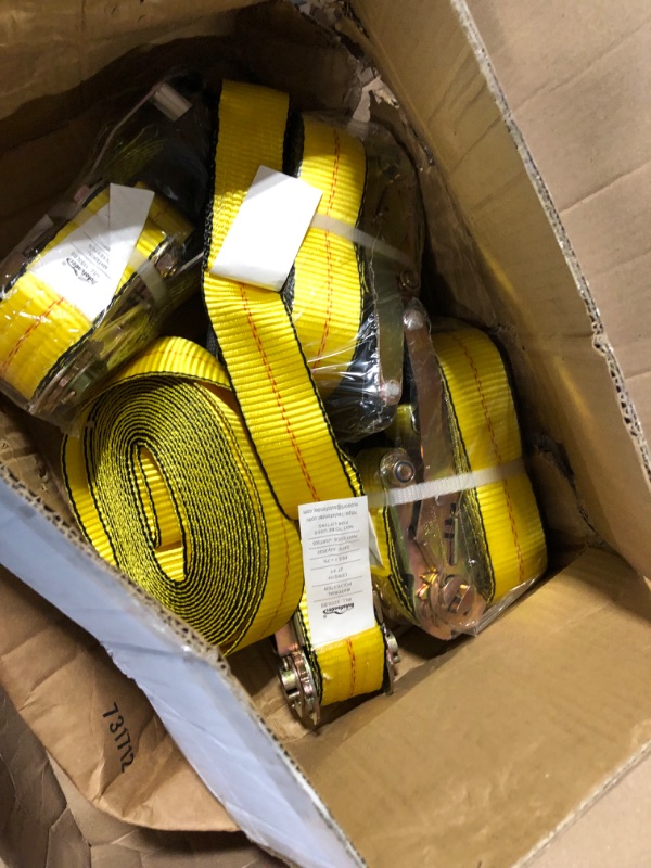 Photo 2 of Autofonder Ratchet Tie-Down Straps with Flat Hooks, 2" x 27' Ratchet Straps Yellow | 10,000 Lbs Breaking Strength | TieDown Ratchet Straps for Flatbed, Truck, Trailers Pickup (4 Pack)