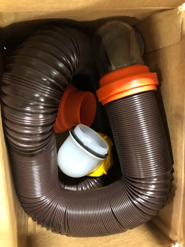 Photo 2 of Camco RhinoFLEX RV Sewer Hose Kit with Swivel Transparent Elbow and 4-in-1 Dump Station Fitting, Brown, 15 Feet (39770) 15ft Sewer Hose Kit Frustration-Free Packaging