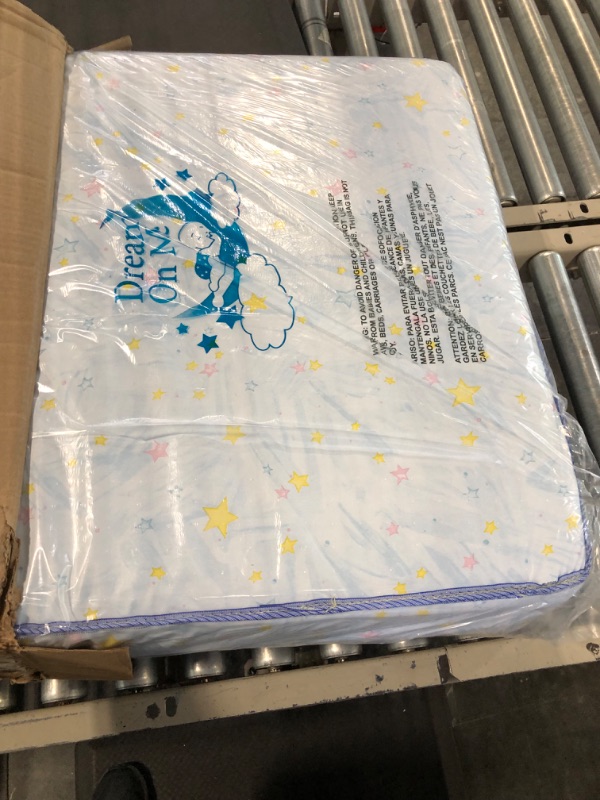 Photo 2 of Dream On Me Sweet Dreams 88 Coil Spring Crib and Toddler Bed 6" Mattress in Blue, Green Guard Gold Certified, 17 lb Blue Cloud Vinyl Cover With Baby