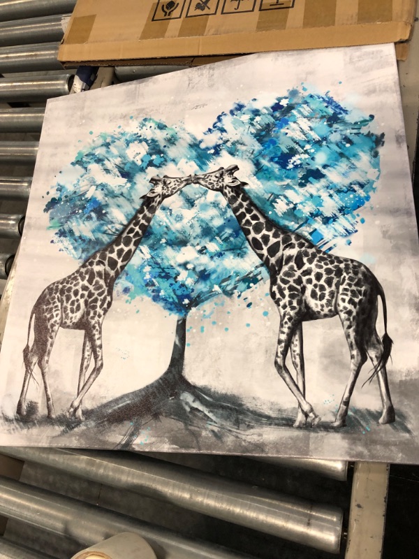 Photo 2 of Artsbay Giraffe Wall Art Decor Funny Giraffe Couple Family with Teal Blue Trees in Black and White Animal Wall Decor Painting Pictures Canvas Print Framed for Home Living Room Kids Room Decoration