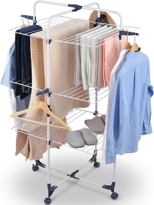 Photo 1 of TOOLF Clothes Drying Rack, 3-Tier Collapsible Laundry Rack Stand Garment Drying Station with Wheels and 4 Hooks, Indoor-Outdoor Use, for for Bed Linen, Clothing, Socks, Scarves