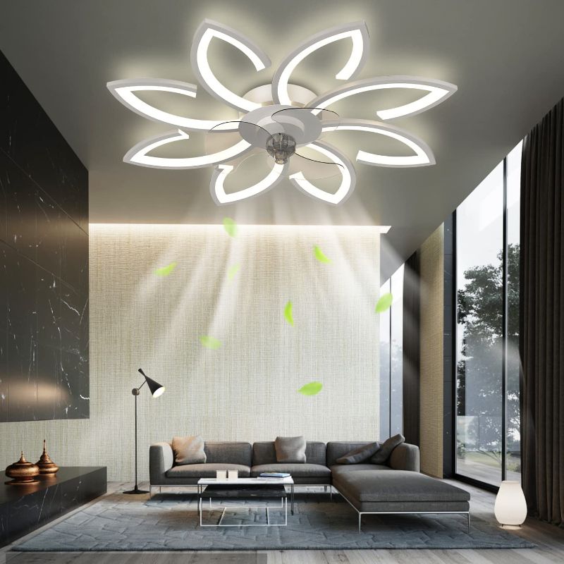 Photo 1 of 35''Ceiling Fans with Lights and Remote, Modern Bladeless Home Flush Mount Ceiling Fan, Dimmable 6 Speed Reversible Blades, Living Room Low Profile Ceiling Fan(White)