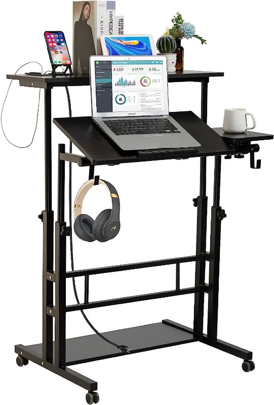 Photo 1 of SIDUCAL Mobile Stand Up Desk, Adjustable Laptop Desk with Wheels Storage Desk Home Office Workstation, Rolling Table Laptop Cart for Standing or Sitting, Black Standard Black