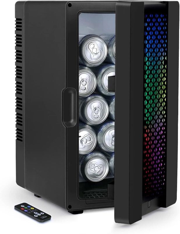 Photo 1 of PERSONAL CHILLER 10L Mini Fridge with Colorful LED Lights, 10 Cans Cooler Beverage Refrigerator, Upgrade Color-changing RGB Lights Controlled by Remote