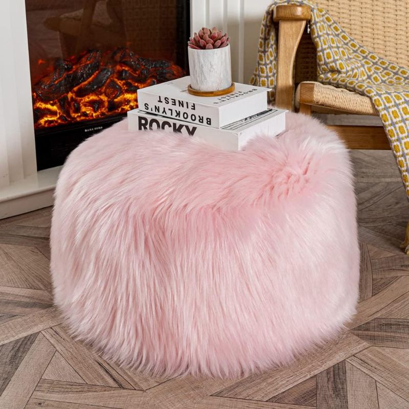 Photo 1 of Asuprui Fur Pouf Ottoman Stool,Floor Bean Bag Chair(NO Filler),Ottoman Foot Rest,Unstuffed Ottoman Poof Covers,20x12 Inches Round Poof Seat, Foot Rest Storage for Living Room, Bedroom Pink Cover ONLY 2 Pack