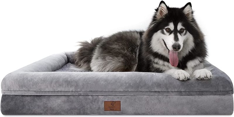 Photo 1 of Yiruka Dog Beds for Large Dogs, Orthopedic Dog Bed, Washable Dog Bed with [Removable Bolster], Waterproof Dog Bed with Nonskid Bottom, Pet Bed,  Dog Bed X-Large Plus(45 X 35 X 7 Inch) Grey