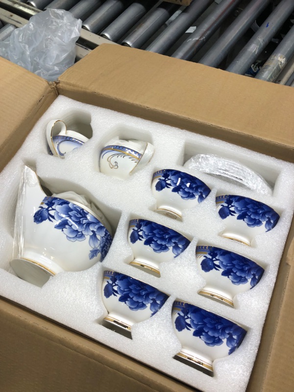 Photo 3 of ACMLIFE Bone China Tea Set for Adults, Vintage Floral Tea Set, with Blue Peony, Porcelain Tea Sets for Women Tea Party or Gift, Service for 6