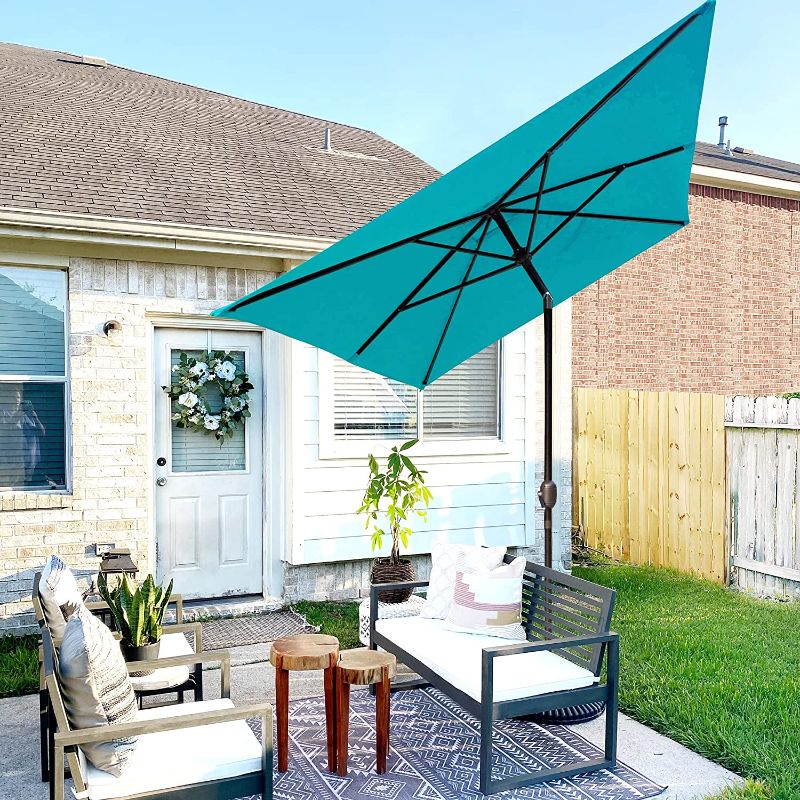 Photo 1 of  6.5 x 10ft Rectangular Patio Umbrella Outdoor Market Table Umbrella with Push Button Tilt and Crank for Garden, Lawn, Deck, Backyard & Pool,teal