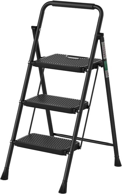 Photo 1 of 3 Step Ladder, RIKADE Folding Step Stool, Step Stool with Wide Anti-Slip Pedal, Lightweight, Portable Folding Step Ladder with Handgrip, Multi-use Steel Ladder for Household and Office
