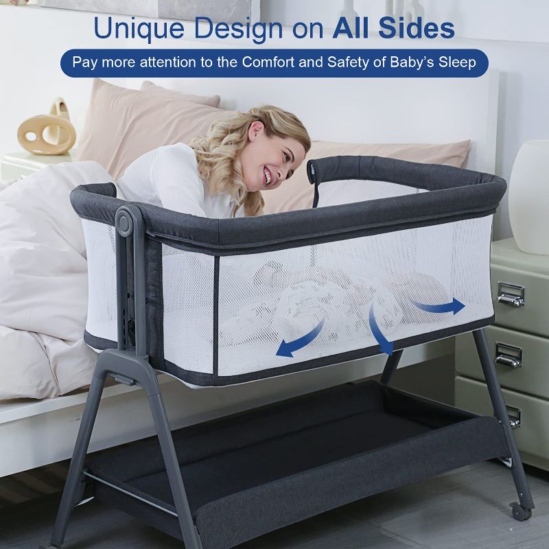 Photo 1 of ANGELBLISS Baby Bassinet Bedside Crib with Storage Basket and Wheels, Easy Folding Bed Side Sleeper Adjustable Height Portable Crib for Newborn
