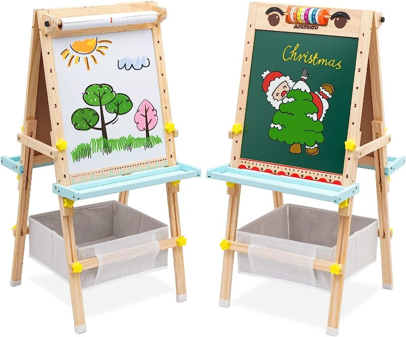Photo 1 of Kids Easel with Paper Roll Double-Sided Whiteboard & Chalkboard Standing Easel with Numbers and Other Accessories for Kids and Toddlers (with Abacus)
