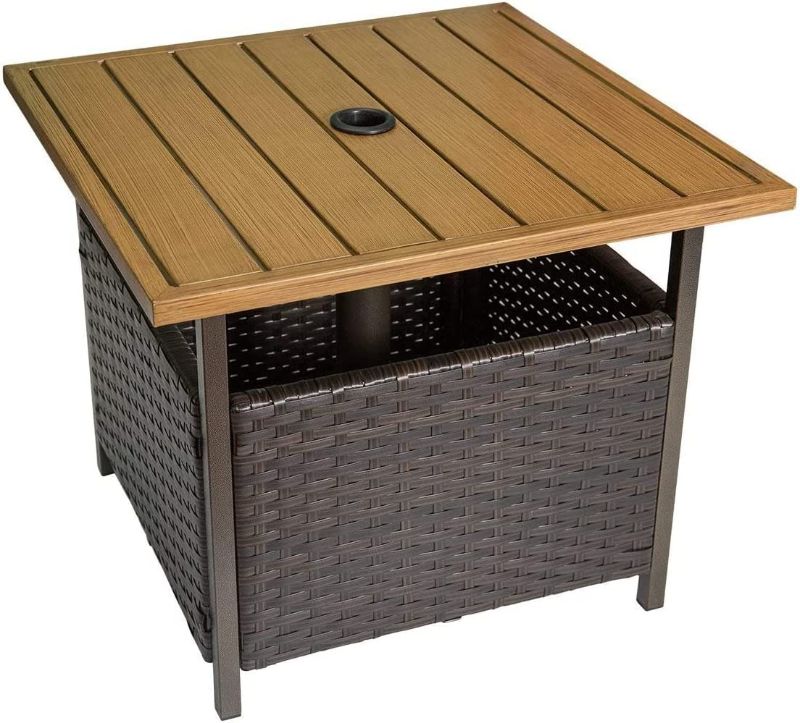 Photo 1 of ALIMORDEN Field Patio Wicker Side End Table with Umbrella Hole, Square Steel Frame Bistro Dining Table with Storage Space, Outdoor Leisure Coffee Table for Garden, Backyard, Porch, Brown
