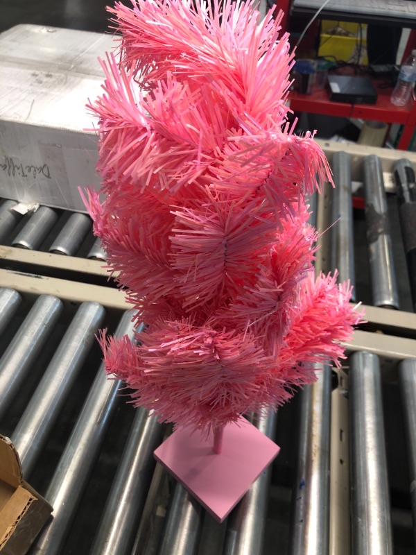 Photo 4 of 24" Pink Christmas Trees Artificial Flame Resistant Pink Branches Classic Tinsel Retro Feather Tree Tabletop Women's Pride Display Tree Wooden Base Stand Included (Barbie Pink)