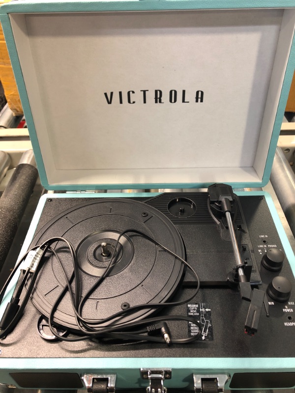 Photo 4 of Victrola Vintage 3-Speed Bluetooth Portable Suitcase Record Player with Built-in Speakers | Upgraded Turntable Audio Sound| Includes Extra Stylus | Turquoise, Model Number: VSC-550BT