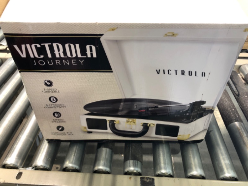 Photo 2 of Victrola Vintage 3-Speed Bluetooth Portable Suitcase Record Player with Built-in Speakers | Upgraded Turntable Audio Sound| White (VSC-550BT-WH) White Record Player