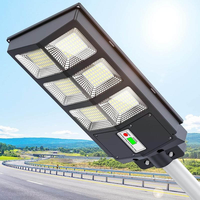 Photo 1 of A-ZONE 300W Solar Street Lights Outdoor Waterproof, 6500K 30000LM Outdoor LED Street Light Dusk to Dawn, LED Wide Angle Lamp with Motion Sensor and Remote Control, for Parking Lot, Yard, etc.
