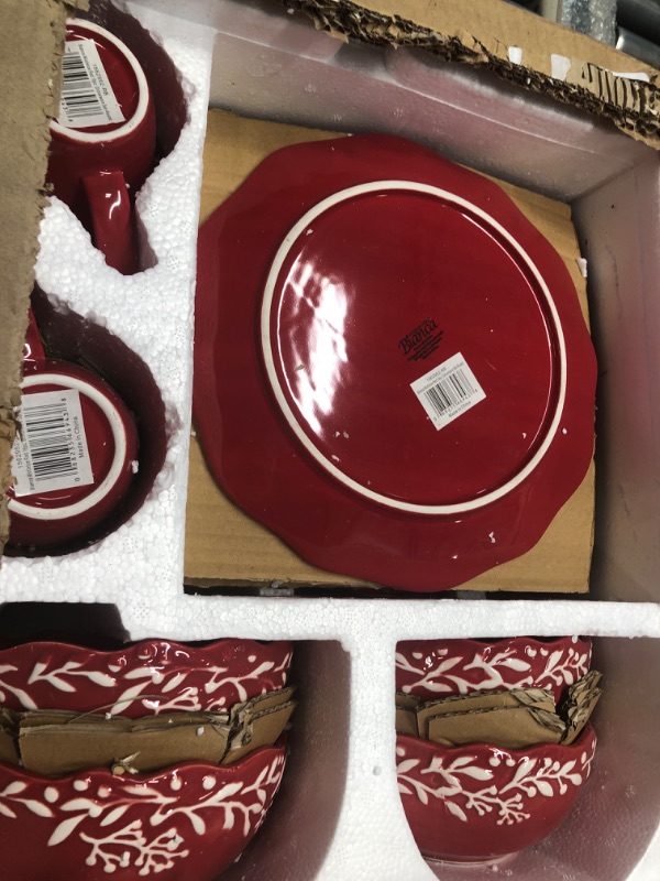 Photo 1 of American Atelier Bianca Mistletoe Red and White Ceramic 16-Piece Dinnerware Set