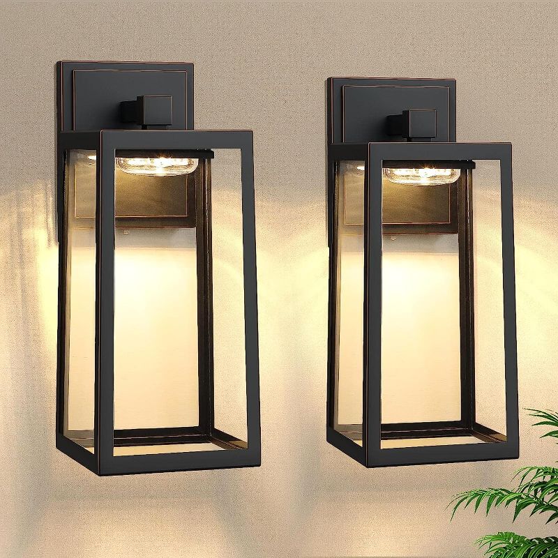 Photo 1 of 2-Pack Outdoor Wall Light Fixtures, Waterproof Exterior Wall Sconces with 3 Colors Adjustable, Black Wall Lanterns with Glass Shade, LED Porch Lights Wall Mounted for Garage Patio Hallway Front Door