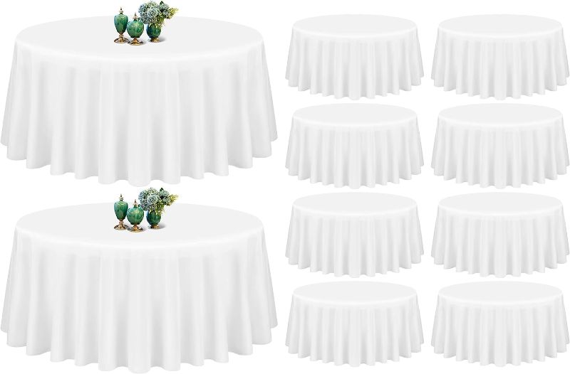 Photo 1 of 10 Pack White Round Tablecloth 90 Inch Washable Polyester Tablecloths for Round Tables Stain Resistant and Wrinkle Table Cloth Decorative Fabric Table Cover for Dining Wedding Party Banquet Buffet