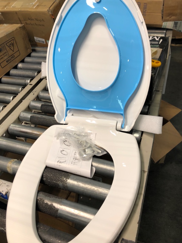 Photo 4 of YASFEL Toilet Seat with Toddler Toilet Seat Built in, Potty Training Toilet Seat for Toddlers, Kids & Adults Plastic Toilet Seats Elongated Slow Close with Magnets(Blue White, 18.5”) 18.5" Elongated Blue