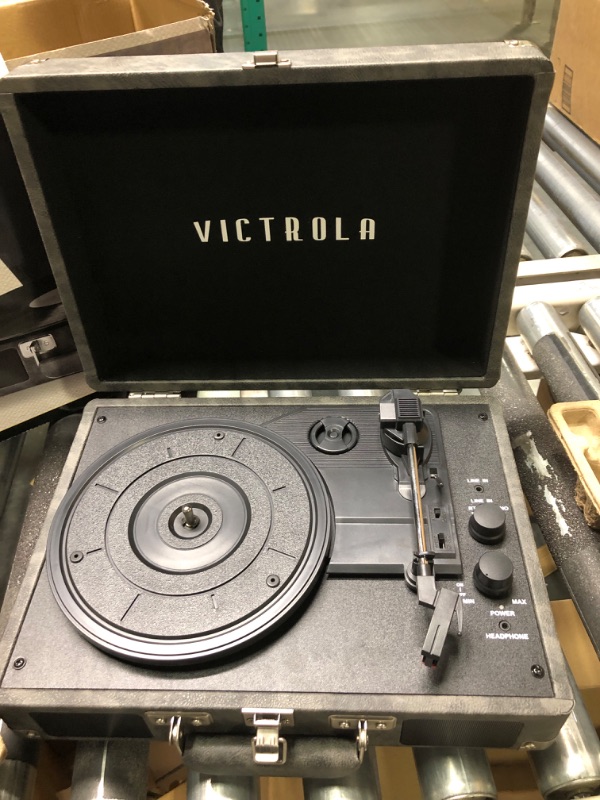 Photo 4 of Victrola Vintage 3-Speed Bluetooth Portable Suitcase Record Player with Built-in Speakers | Gray & Vintage 3-Speed Bluetooth Portable Suitcase Record Player with Built-in Speakers | Black