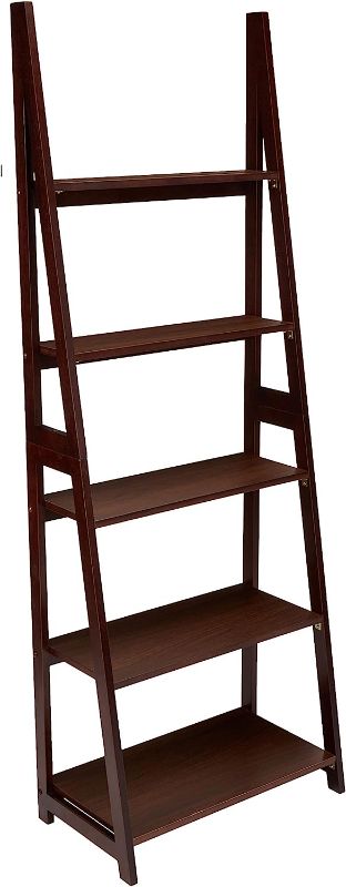 Photo 1 of Amazon Basics Modern 5-Tier Ladder Bookshelf Organizer, Solid Rubberwood Frame, Espresso Finish, 14 D x 24.8 W x 70.1 H in
