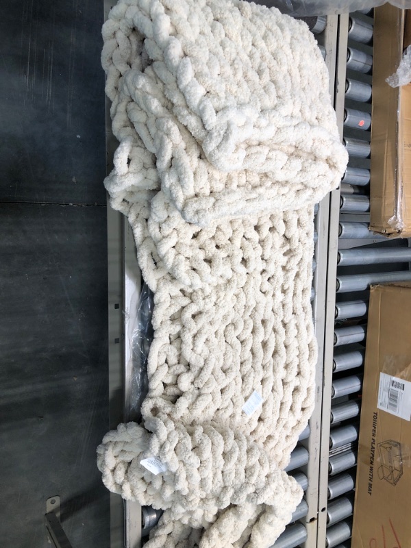 Photo 2 of Adyrescia Chunky Knit Blanket Throw | 100% Hand Knit with Jumbo Chenille Yarn (50"x60", Cream White) 50"x60" Cream White