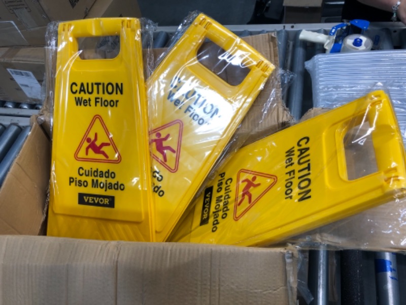 Photo 2 of Alpine 24-Inch Caution Wet Floor Sign - 3 Pack A-Frame Bright Yellow Warning Sign - Sturdy Double Sided Fold Out Bilingual Floor Alert Ideal for Commercial Use