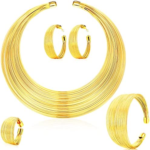 Photo 1 of 5 Pcs African Jewelry for Women Gold African Statement Multiple Strands Choker Necklace Cuff Bracelet Open Hoop Earrings Ring Chunky Costume Jewelry Set
