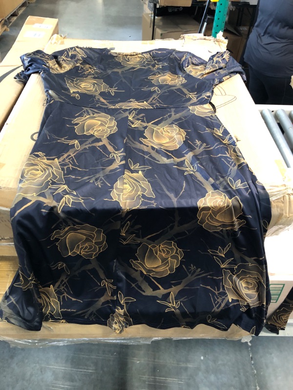 Photo 3 of Women's Plus Size Short Dresses Deep V Neck Wrap African Dress Flowy 3/4 Sleeve Cocktail Party Dresses with Belt Black and Gold rose L