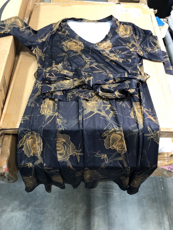 Photo 1 of Women's Plus Size Short Dresses Deep V Neck Wrap African Dress Flowy 3/4 Sleeve Cocktail Party Dresses with Belt Black and Gold Rose XL
