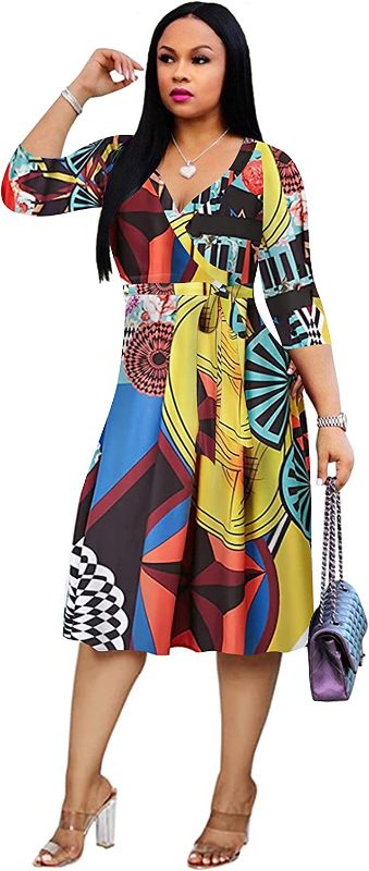Photo 1 of 
Women's Plus Size Short Dresses Deep V Neck Wrap African Dress Flowy 3/4 Sleeve Cocktail Party Dresses with Belt Blue/Yellow L