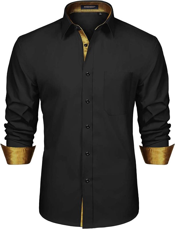 Photo 1 of HISDERN Men's Inner Contrast Casual Shirts Formal Classic Button Down Dress Shirt Long Sleeve Printed Regular Fit Shirt Black/Gold 01 2XL