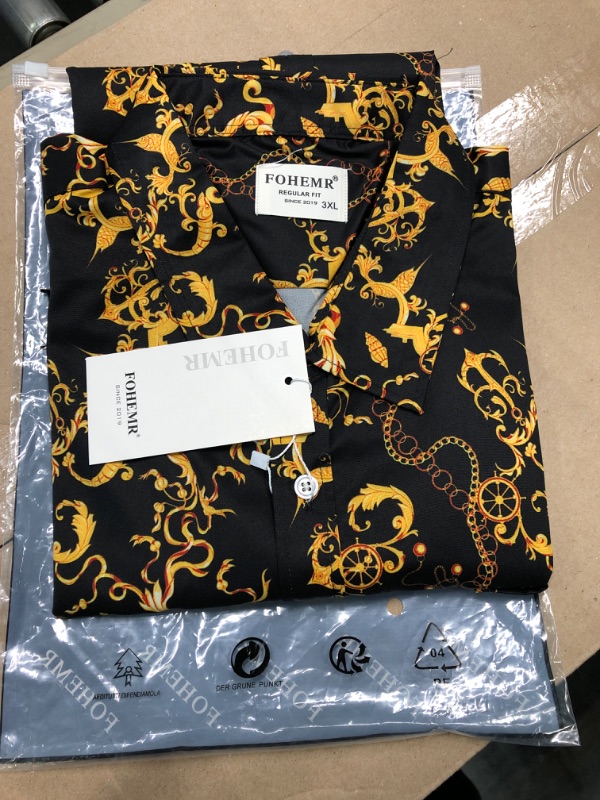 Photo 1 of fohemr Mens Black Gold Dress Shirts Luxury Short Sleeve Chain Print Shirt Baroque Casual Button Down Design Buchona Shirts 01black 3XL
