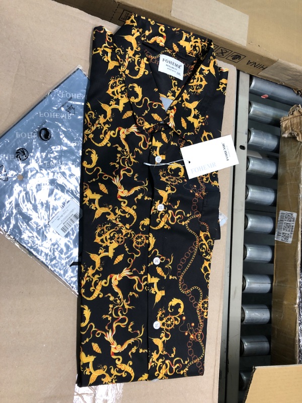 Photo 1 of fohemr Mens Black Gold Dress Shirts Luxury Short Sleeve Chain Print Shirt Baroque Casual Button Down Design Buchona Shirts 01black 3XL