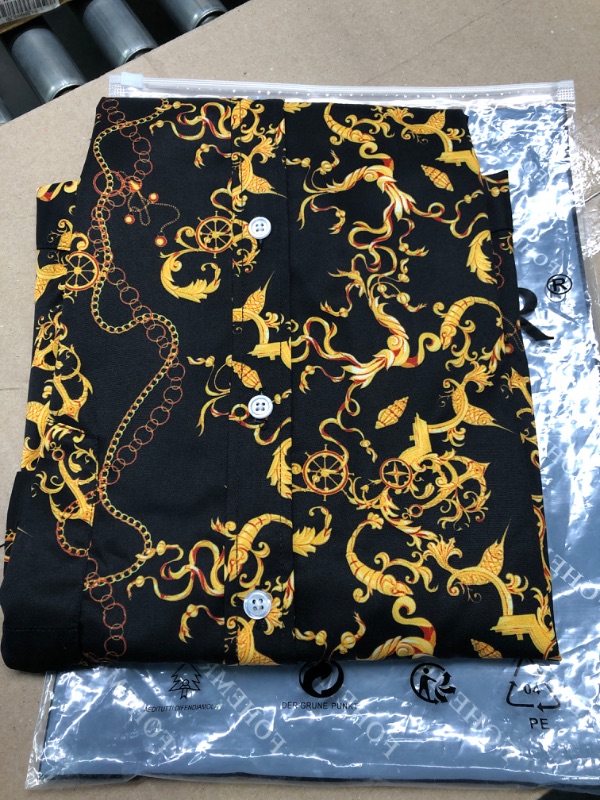Photo 1 of fohemr Mens Black Gold Dress Shirts Luxury Short Sleeve Chain Print Shirt Baroque Casual Button Down Design Buchona Shirts 01black 3XL