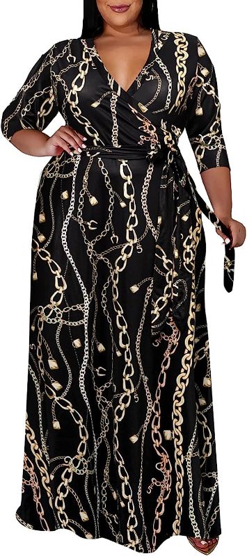 Photo 1 of Faculol Plus Size Maxi Dresses for Women - V Neck black/gold chain Dress Flowy 3/4 Sleeve with Belt 3 X-Large Black