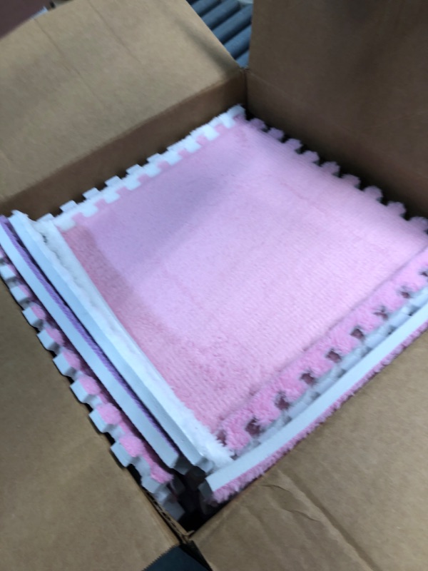 Photo 2 of 18 Pcs Plush Foam Floor Mat Square Interlocking Carpet Tiles with Border Fluffy Play Mat Floor Tiles Soft Climbing Area Rugs for Home Playroom Decor, 12 x 12 x 0.4 Inch (Beige, Light Pink, Mauve)