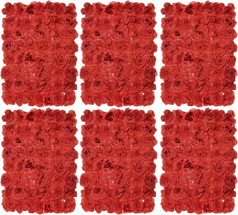 Photo 1 of Flower Wall Panel Backdrop Decor: Blosmon Red Artificial Floral Backdrop for Wedding Party Baby Bridal Shower, 12 Pcs Hanging 3D Fake Hydrangea Wall Decoration, Silk Faux Hydrangea Flower Backdrop Red 12