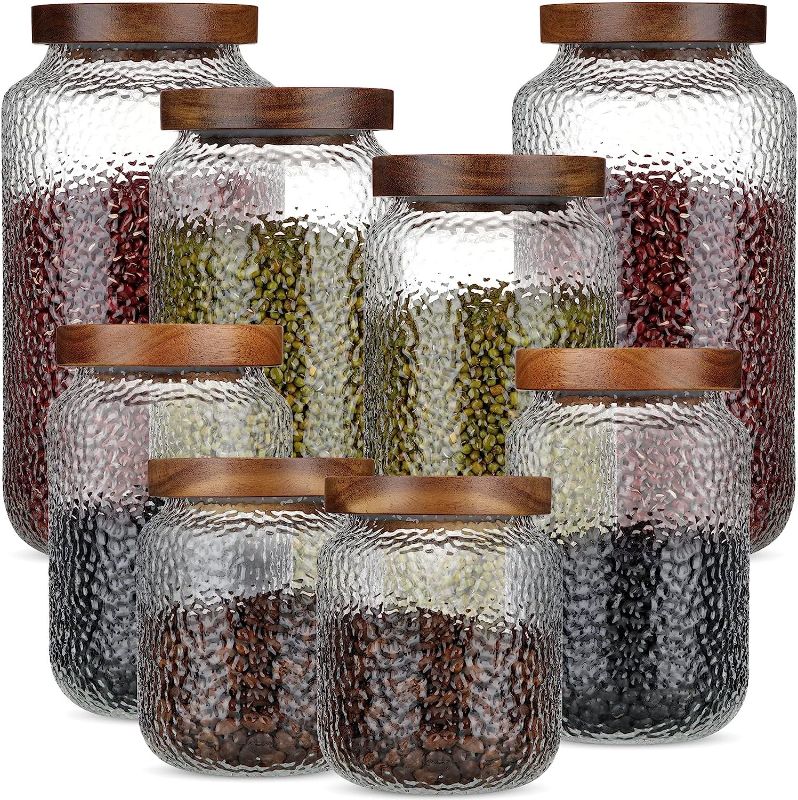 Photo 1 of 8 Pcs Glass Coffee Storage Jar with Airtight Wood Lids Vintage Coffee Canister Kitchen Glass Food Containers for Ground Coffee Beans Nut Pasta Sugar Candy Spice Rice, 17 oz, 24 oz, 34 oz, 51 oz