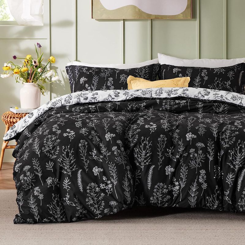 Photo 1 of Bedsure Queen Comforter Set - Black Comforter, Cute Floral Bedding Comforter Sets for Women, 3 Pieces, 1 Soft Reversible Botanical Flowers Spring Comforter and 2 Pillow Shams