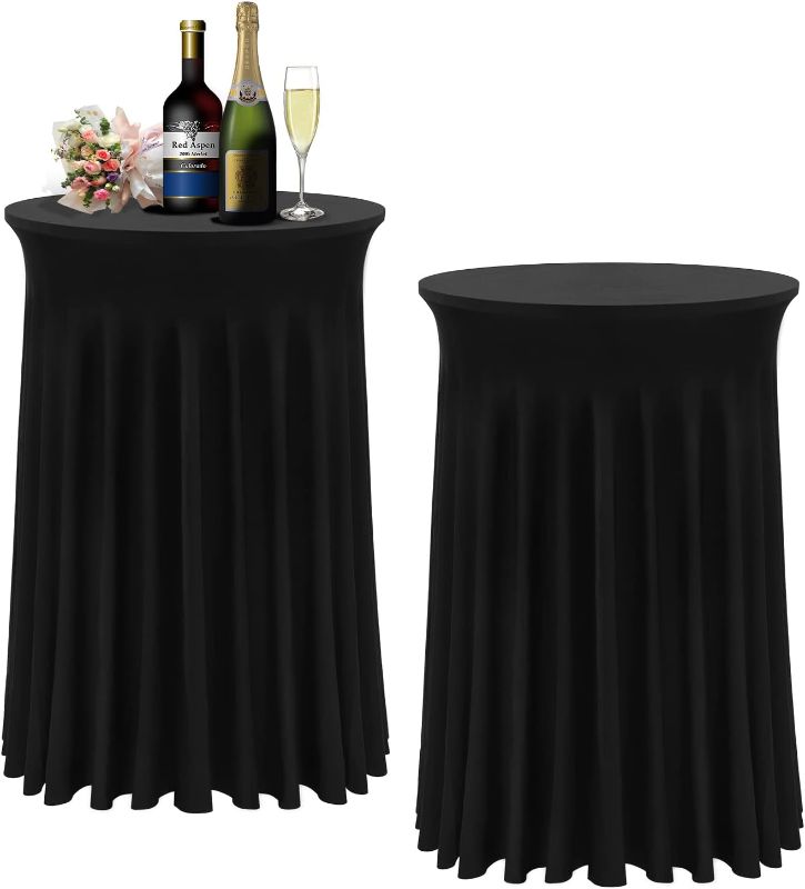 Photo 1 of BDDC Cocktail Table Covers - 2 Pack 32"x 43" Black Cocktail Table Tablecloth with Natural Wavy Round Table Skirt Fitted High Top Table for Bar Wedding Party Banquet