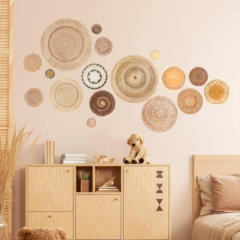 Photo 1 of 18Pcs Boho Basket Wall Decals Round Wall Sticker Modern Boho Wall Decor Peel and Stick Wall Decor Sticker Removable Boho Wall Stickers Rustic Wall Art for Wall Decorations (Style 1)