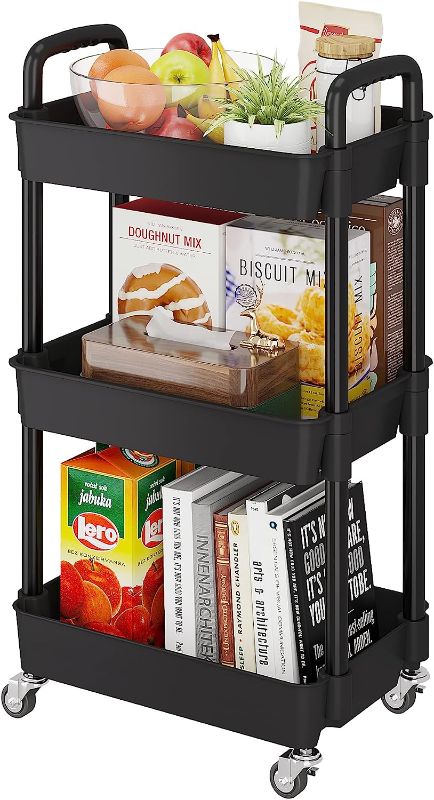 Photo 1 of 3-Tier Utility Rolling Plastic Storage Cart Trolley with Lockable Wheels,Multifunctional Storage Shelves for Kitchen Living Room Office,Black