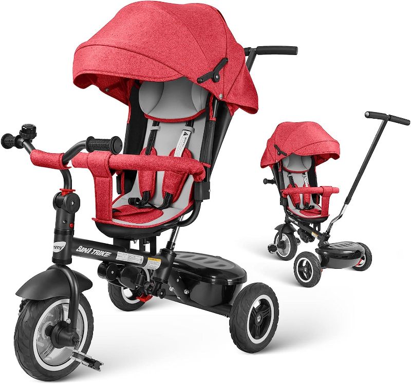 Photo 1 of Kids Tricycle, Baby Trike, 8-in-1 Kids Stroller Tricycle with Adjustable Push Handle, All Terrain Rubber Wheel, Reversible Seat(Red)
