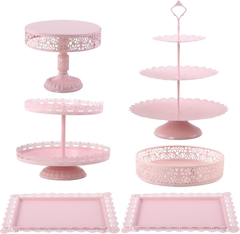 Photo 1 of 6 Pcs Pink Cake Stands Set, Cake Pedestal Stand Display Table Tiered Cupcake Holder Candy Fruite Dessert Plate Decorating for Wedding Birthday Party Baby Shower Celebration